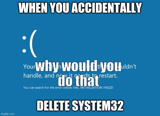 BSOD | WHEN YOU ACCIDENTALLY; why would you
do that; DELETE SYSTEM32 | image tagged in bsod | made w/ Imgflip meme maker