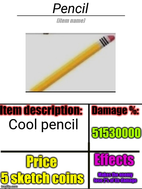 Item-shop extended |  Pencil; Cool pencil; 51530000; 5 sketch coins; Makes the enemy lose 2% of its damage | image tagged in item-shop extended | made w/ Imgflip meme maker