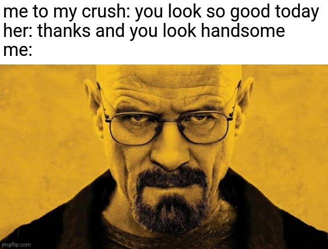 me to my crush: you look so good today
her: thanks and you look handsome
me: | made w/ Imgflip meme maker