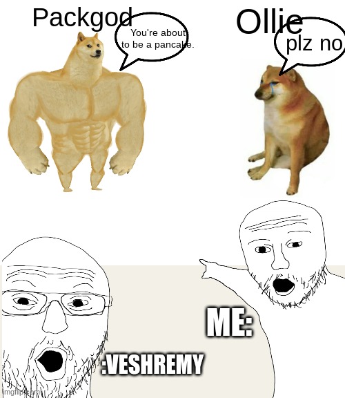 Packgod vs Olliw | Packgod; Ollie; You're about to be a pancake. plz no; ME:; :VESHREMY | image tagged in memes,buff doge vs cheems | made w/ Imgflip meme maker