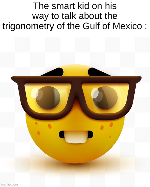 WE GET IT TIMMY, YOU'RE SMART, WE GET IT. NO NEED TO BRAG | The smart kid on his way to talk about the trigonometry of the Gulf of Mexico : | image tagged in nerd emoji | made w/ Imgflip meme maker
