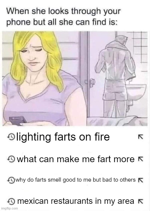 When she looks through your phone but all she finds is this | lighting farts on fire; what can make me fart more; why do farts smell good to me but bad to others; mexican restaurants in my area | image tagged in when she looks through your phone but all she finds is this,farts,toilet humor,memes,poop,mexican food | made w/ Imgflip meme maker