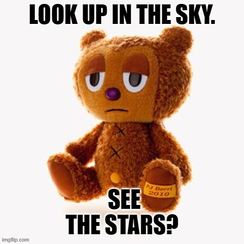 Pj plush | LOOK UP IN THE SKY. SEE THE STARS? | image tagged in pj plush | made w/ Imgflip meme maker