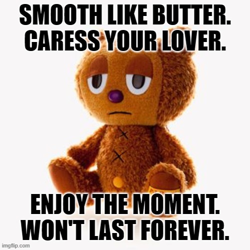 Pj plush | SMOOTH LIKE BUTTER.
CARESS YOUR LOVER. ENJOY THE MOMENT.
WON'T LAST FOREVER. | image tagged in pj plush | made w/ Imgflip meme maker