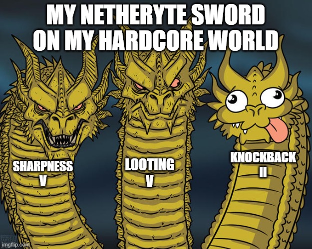 True story | MY NETHERYTE SWORD ON MY HARDCORE WORLD; KNOCKBACK II; LOOTING V; SHARPNESS V | image tagged in three-headed dragon | made w/ Imgflip meme maker