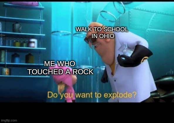 walk to school in ohio in a nutshell 1 | WALK TO SCHOOL 
IN OHIO; ME WHO 
TOUCHED A ROCK | image tagged in do you want to explode,roblox,ohio | made w/ Imgflip meme maker
