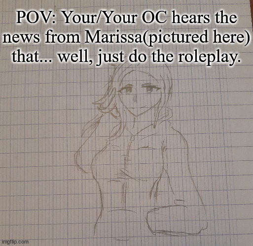 Your usual rules apply, but OCs must be humanoid. | POV: Your/Your OC hears the news from Marissa(pictured here) that... well, just do the roleplay. | image tagged in marissa | made w/ Imgflip meme maker