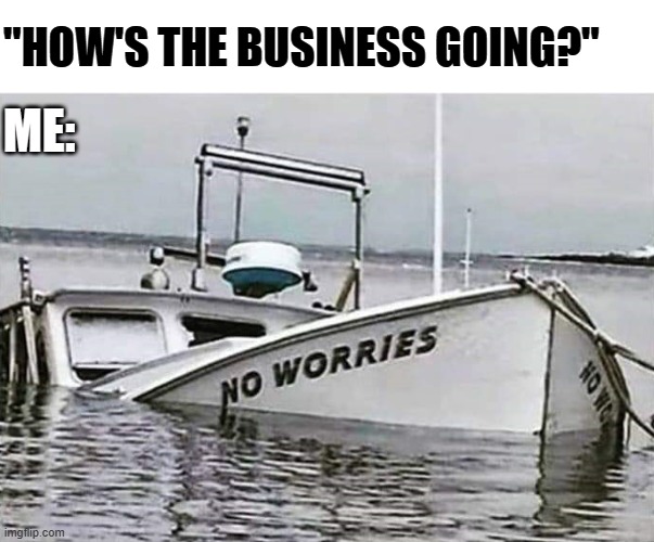 No worries | "HOW'S THE BUSINESS GOING?"; ME: | image tagged in no worries | made w/ Imgflip meme maker