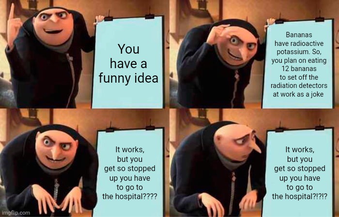 Eat twelve bananas for a joke and pay the price | You have a funny idea; Bananas have radioactive potassium. So, you plan on eating 12 bananas to set off the radiation detectors at work as a joke; It works, but you get so stopped up you have to go to the hospital???? It works, but you get so stopped up you have to go to the hospital?!?!? | image tagged in memes,gru's plan | made w/ Imgflip meme maker