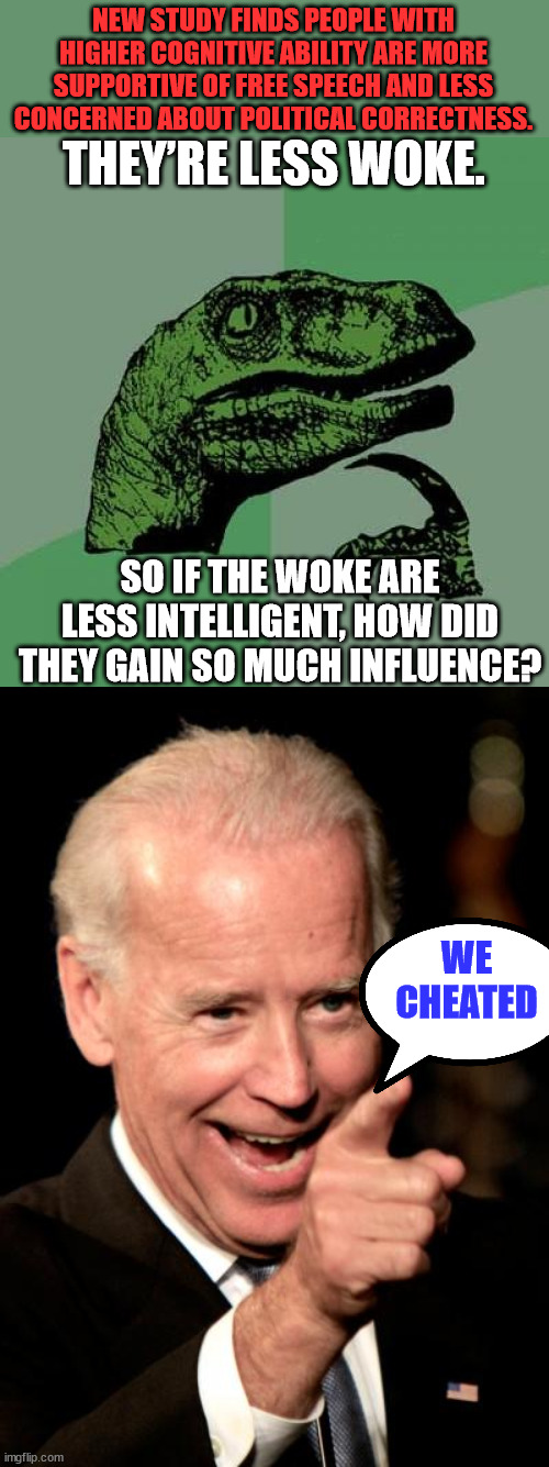 More proof... they cheated... | NEW STUDY FINDS PEOPLE WITH HIGHER COGNITIVE ABILITY ARE MORE SUPPORTIVE OF FREE SPEECH AND LESS CONCERNED ABOUT POLITICAL CORRECTNESS. THEY’RE LESS WOKE. SO IF THE WOKE ARE LESS INTELLIGENT, HOW DID THEY GAIN SO MUCH INFLUENCE? WE CHEATED | image tagged in memes,philosoraptor,smilin biden,cheaters | made w/ Imgflip meme maker