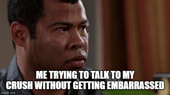 sweating bullets | ME TRYING TO TALK TO MY CRUSH WITHOUT GETTING EMBARRASSED | image tagged in sweating bullets | made w/ Imgflip meme maker