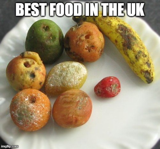 Or great britan or what ever it is called | BEST FOOD IN THE UK | image tagged in moldy fruit | made w/ Imgflip meme maker