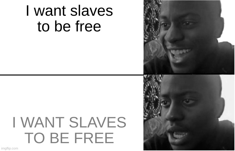 Credits to my friend for giving me the idea for this meme. | I want slaves to be free; I WANT SLAVES TO BE FREE | image tagged in disappointed black guy,dark humor,slaves | made w/ Imgflip meme maker