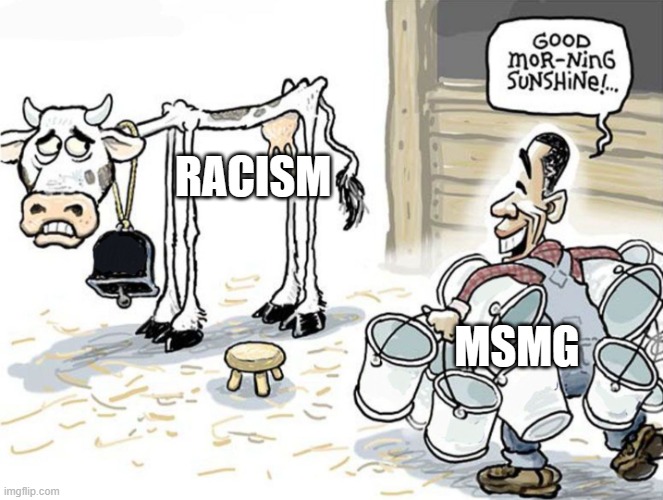 milking the cow | RACISM; MSMG | image tagged in milking the cow | made w/ Imgflip meme maker
