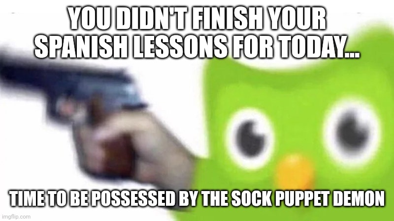 Duo lingo is mad at me and wants to get me possessed by the sock puppet demon | YOU DIDN'T FINISH YOUR SPANISH LESSONS FOR TODAY... TIME TO BE POSSESSED BY THE SOCK PUPPET DEMON | image tagged in duolingo gun | made w/ Imgflip meme maker