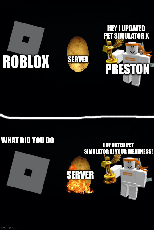 roblox servers on saturday be like | HEY I UPDATED PET SIMULATOR X; SERVER; ROBLOX; PRESTON; WHAT DID YOU DO; I UPDATED PET SIMULATOR X! YOUR WEAKNESS! SERVER | image tagged in black background,pet simulator x,roblox,roblox servers,server,potato | made w/ Imgflip meme maker