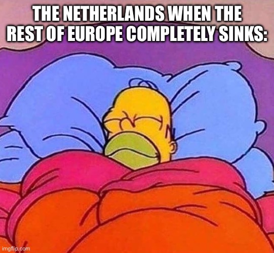 Homer Simpson sleeping peacefully | THE NETHERLANDS WHEN THE REST OF EUROPE COMPLETELY SINKS: | image tagged in homer simpson sleeping peacefully | made w/ Imgflip meme maker