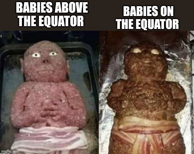 Darker skin | BABIES ON THE EQUATOR; BABIES ABOVE THE EQUATOR | image tagged in burnt toast,baby | made w/ Imgflip meme maker