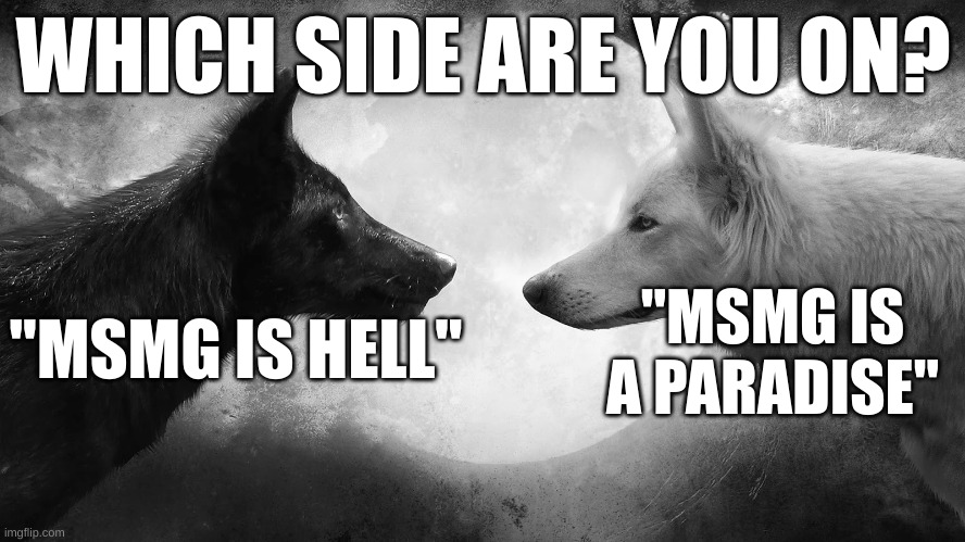 I'm on both. You see, msmg is not a stream. It's a people. | WHICH SIDE ARE YOU ON? "MSMG IS HELL"; "MSMG IS A PARADISE" | image tagged in you have two wolves | made w/ Imgflip meme maker