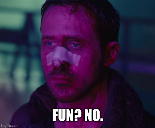 Sad Ryan Gosling | FUN? NO. | image tagged in sad ryan gosling | made w/ Imgflip meme maker