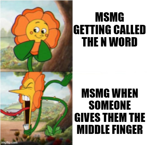 little clowns | MSMG GETTING CALLED THE N WORD; MSMG WHEN SOMEONE GIVES THEM THE MIDDLE FINGER | image tagged in reverse cuphead flower | made w/ Imgflip meme maker