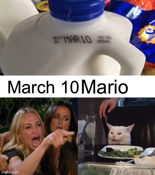 Mario the best | Mario; March 10 | image tagged in memes,woman yelling at cat | made w/ Imgflip meme maker