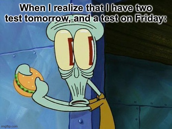 Well I’m dead | When I realize that I have two test tomorrow, and a test on Friday: | image tagged in oh shit squidward | made w/ Imgflip meme maker