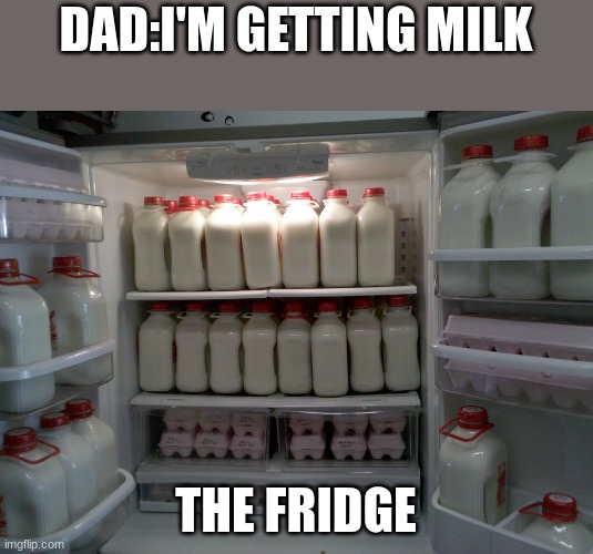 go and get the milk | DAD:I'M GETTING MILK; THE FRIDGE | image tagged in fun,fridge,milk | made w/ Imgflip meme maker