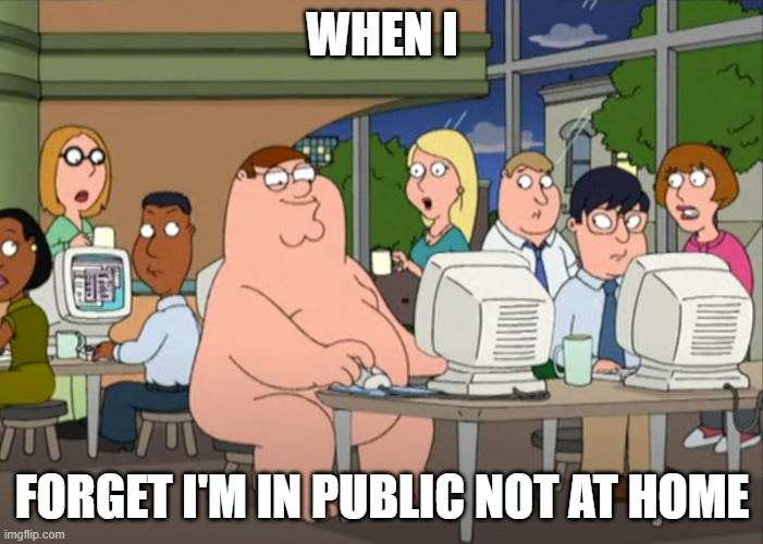 Peter Griffin naked at internet cafe | WHEN I; FORGET I'M IN PUBLIC NOT AT HOME | image tagged in peter griffin naked at internet cafe | made w/ Imgflip meme maker