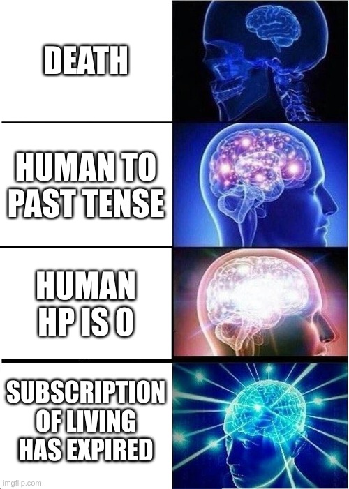 Expanding Brain Meme | DEATH; HUMAN TO PAST TENSE; HUMAN HP IS 0; SUBSCRIPTION OF LIVING HAS EXPIRED | image tagged in memes,expanding brain | made w/ Imgflip meme maker