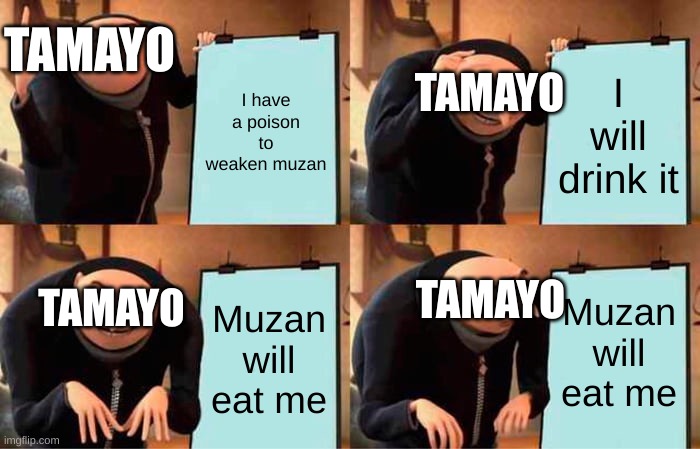 Gru's Plan | TAMAYO; I have a poison to weaken muzan; TAMAYO; I will drink it; TAMAYO; Muzan will eat me; TAMAYO; Muzan will eat me | image tagged in memes,gru's plan | made w/ Imgflip meme maker