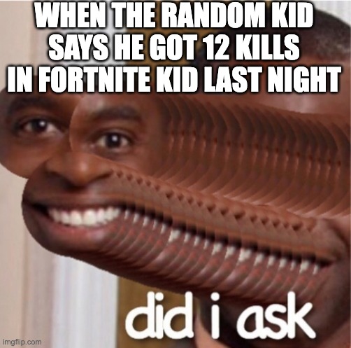 did i ask | WHEN THE RANDOM KID SAYS HE GOT 12 KILLS IN FORTNITE KID LAST NIGHT | image tagged in did i ask | made w/ Imgflip meme maker