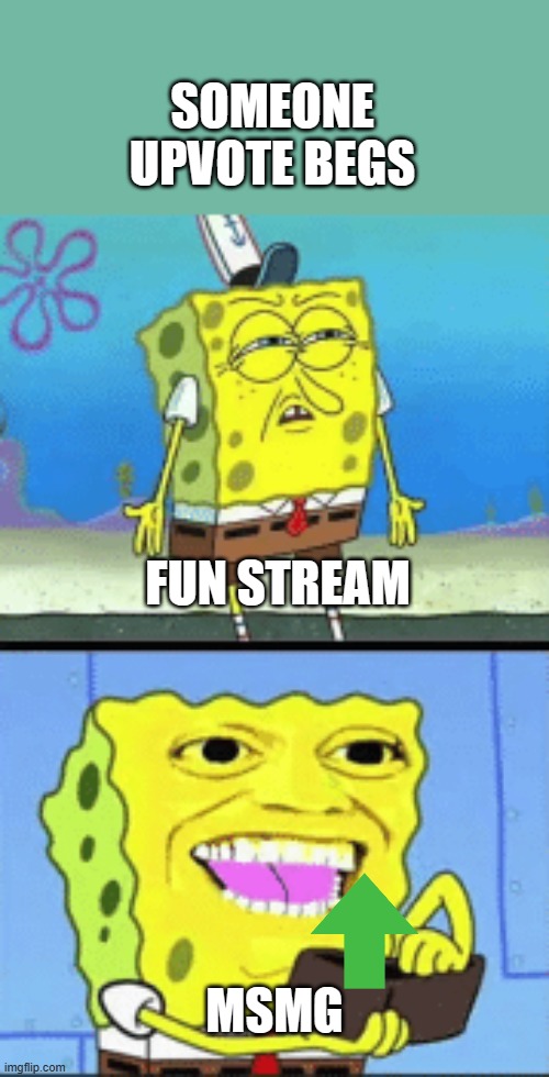 idfc is this isnt true | SOMEONE UPVOTE BEGS; FUN STREAM; MSMG | image tagged in spongebob money | made w/ Imgflip meme maker