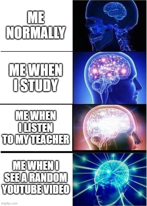 Expanding Brain | ME NORMALLY; ME WHEN I STUDY; ME WHEN I LISTEN TO MY TEACHER; ME WHEN I SEE A RANDOM YOUTUBE VIDEO | image tagged in memes,expanding brain | made w/ Imgflip meme maker