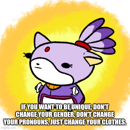 Blaze | IF YOU WANT TO BE UNIQUE, DON'T CHANGE YOUR GENDER, DON'T CHANGE YOUR PRONOUNS, JUST CHANGE YOUR CLOTHES. | image tagged in blaze | made w/ Imgflip meme maker