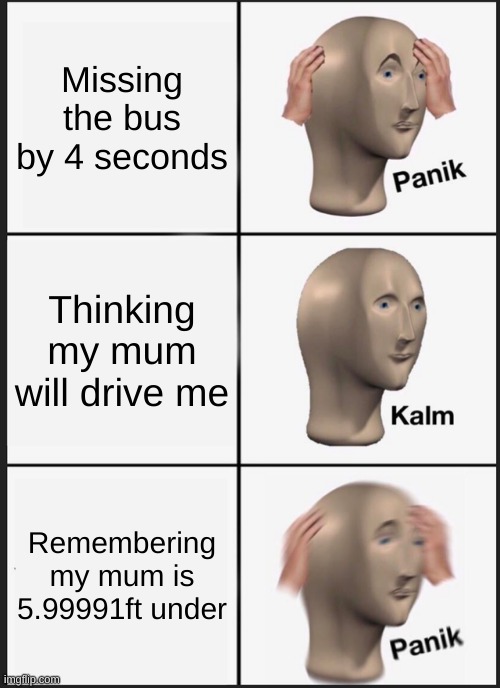 Panik Kalm Panik Meme | Missing the bus by 4 seconds; Thinking my mum will drive me; Remembering my mum is 5.99991ft under | image tagged in memes,panik kalm panik | made w/ Imgflip meme maker