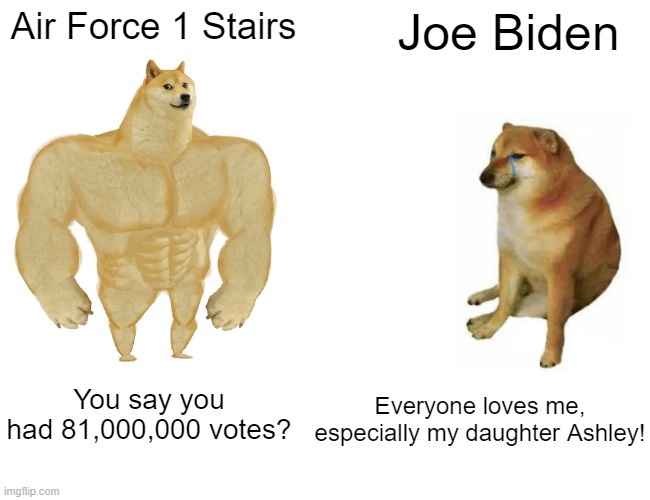 Buff Doge vs. Cheems | Air Force 1 Stairs; Joe Biden; Everyone loves me, especially my daughter Ashley! You say you had 81,000,000 votes? | image tagged in memes,buff doge vs cheems | made w/ Imgflip meme maker