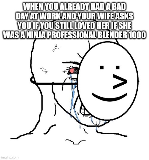 :^) | WHEN YOU ALREADY HAD A BAD DAY AT WORK AND YOUR WIFE ASKS YOU IF YOU STILL LOVED HER IF SHE WAS A NINJA PROFESSIONAL BLENDER 1000 | image tagged in pretending to be happy hiding crying behind a mask | made w/ Imgflip meme maker