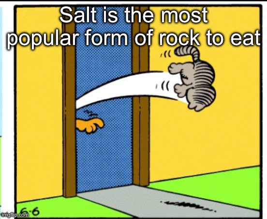 Idk if meth counts but | Salt is the most popular form of rock to eat | image tagged in nermal gets kicked out | made w/ Imgflip meme maker