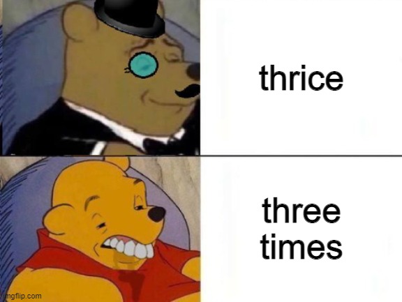 "once, twice, thrice" makes more since than "once, twice, three times" dfgfdhgfjrts | thrice; three times | image tagged in fancy and idiot pooh,memes | made w/ Imgflip meme maker