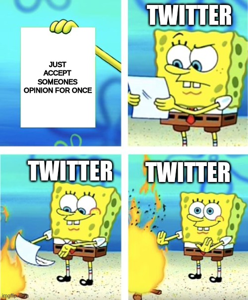 Spongebob Burning Paper | TWITTER; JUST ACCEPT SOMEONES OPINION FOR ONCE; TWITTER; TWITTER | image tagged in spongebob burning paper,spongebob,twitter,memes | made w/ Imgflip meme maker