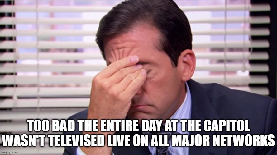 Michael Scott Frustrated | TOO BAD THE ENTIRE DAY AT THE CAPITOL WASN'T TELEVISED LIVE ON ALL MAJOR NETWORKS | image tagged in michael scott frustrated | made w/ Imgflip meme maker
