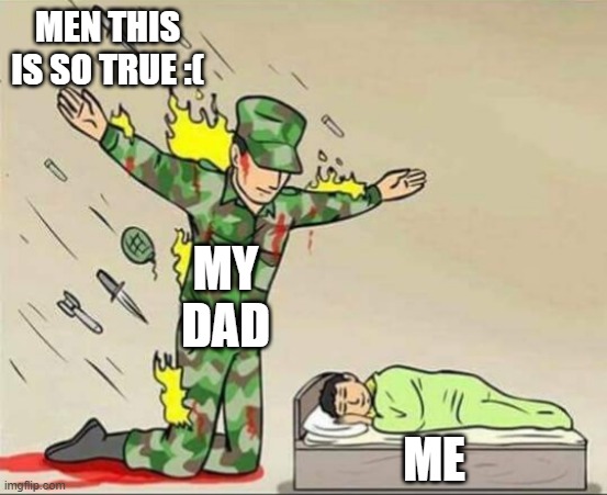 true :( | MEN THIS IS SO TRUE :(; MY DAD; ME | image tagged in soldier protecting sleeping child | made w/ Imgflip meme maker