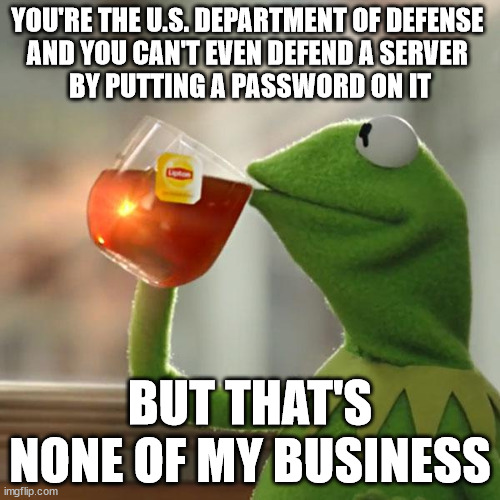Department of Duh-fense | YOU'RE THE U.S. DEPARTMENT OF DEFENSE 
AND YOU CAN'T EVEN DEFEND A SERVER 
BY PUTTING A PASSWORD ON IT; BUT THAT'S NONE OF MY BUSINESS | image tagged in memes,but that's none of my business,kermit the frog | made w/ Imgflip meme maker
