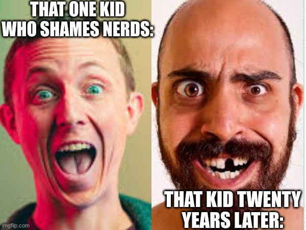 The kid who dissed the nerds | THAT ONE KID WHO SHAMES NERDS:; THAT KID TWENTY YEARS LATER: | image tagged in funny,sad but true,school | made w/ Imgflip meme maker