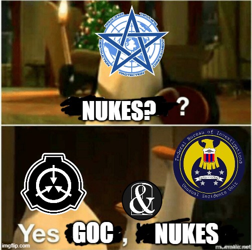 Made this into a template, but how do I make it public? | NUKES? GOC; NUKES | image tagged in kaboom yes rico kaboom,scp | made w/ Imgflip meme maker