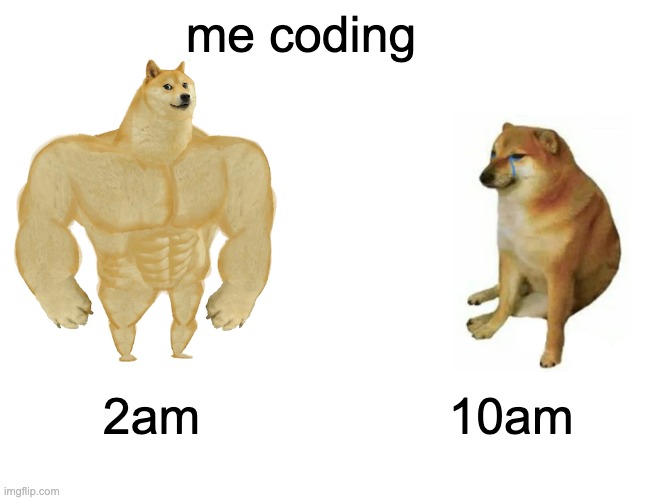 pov:cs student | me coding; 2am; 10am | image tagged in memes,buff doge vs cheems | made w/ Imgflip meme maker