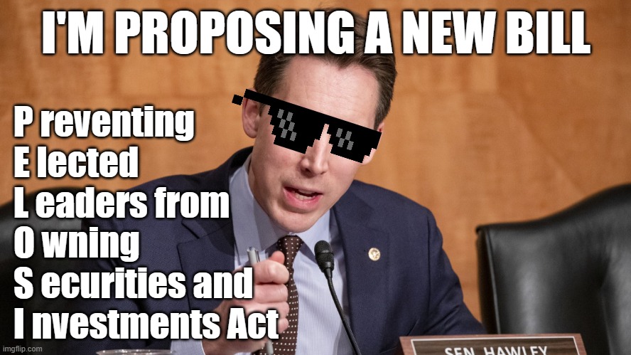 Hawley laser eyes | I'M PROPOSING A NEW BILL; P reventing
E lected
L eaders from
O wning
S ecurities and 
I nvestments Act | image tagged in hawley laser eyes | made w/ Imgflip meme maker