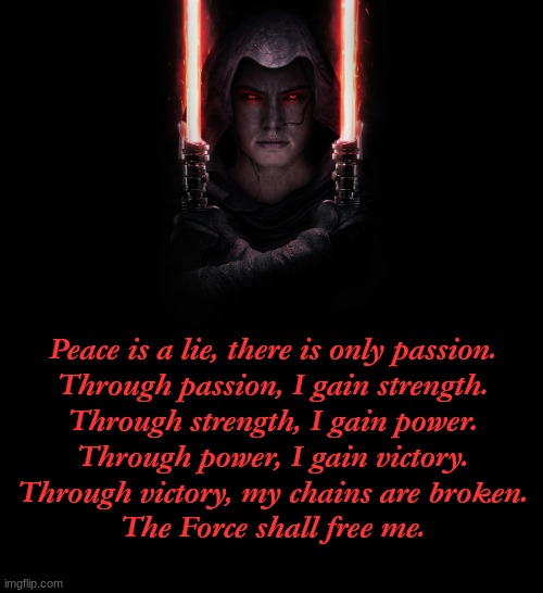 Dark Rey, Sith Code | Peace is a lie, there is only passion.
Through passion, I gain strength.
Through strength, I gain power.
Through power, I gain victory.
Through victory, my chains are broken.
The Force shall free me. | image tagged in darkrey | made w/ Imgflip meme maker