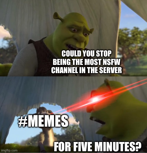 #memes is out of hand | COULD YOU STOP BEING THE MOST NSFW CHANNEL IN THE SERVER; #MEMES; FOR FIVE MINUTES? | image tagged in shrek for five minutes | made w/ Imgflip meme maker